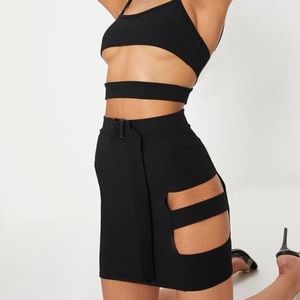 New Black Crepe Cut Out Buckle Detail Mini Skirt